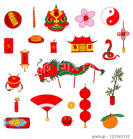 Lunar New Year Clipart. Year of the snake. Traditional Chinese celebration icon set. Meals, symbols, botanical elements. 121543131
