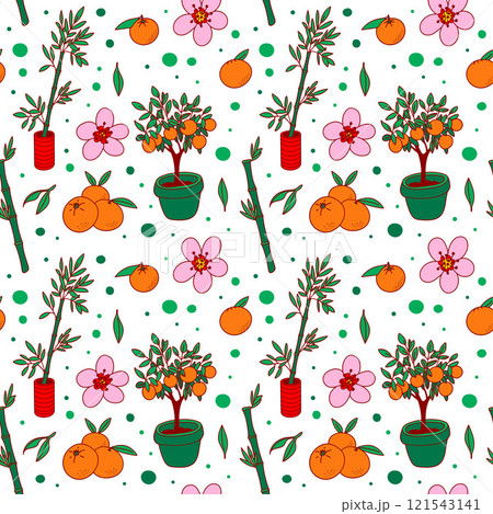 Botanical seamless pattern, endless ornament. Green bamboo sticks and leaves, orange tree and flowers isolated on a white background. Botanical seamless pattern, endless ornament. Green bamboo sticks and leaves, orange tree and flowers isolated on a white background. 121543141