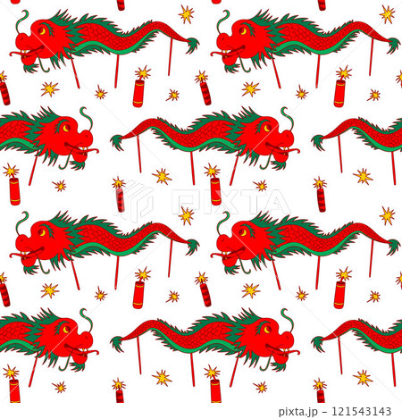 Lunar New Year seamless pattern. Street festival endless ornament. Firecrackers and dragon dance motif, Chinese New Year Lunar New Year seamless pattern. Street festival endless ornament. Firecrackers and dragon dance motif, Chinese New Year 121543143