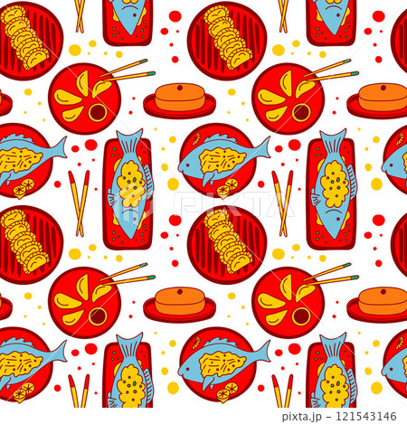 Lunar New Year Seamless Pattern. Traditional Chinese meals. Endless Ornament. Dumplings, fish, rice cake Lunar New Year Seamless Pattern. Traditional Chinese meals. Endless Ornament. Dumplings, fish, rice cake 121543146