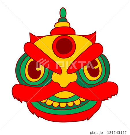 Lion head dance icon. Traditional Chinese Lunar New Year celebration. Simple flat element, doodle contour style, vibrant colors. 121543155