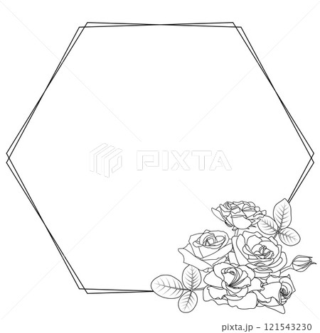Decorative hexagon frame with roses and leaves 121543230