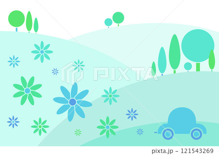 Eco-friendly green car with flowers coming from the exhaust pipe, with abstract fields and trees or wood in the background. Eco-friendly green car with flowers coming from the exhaust pipe, with abstract fields and trees or wood in the background. 121543269