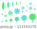 A set of abstract trees and flowers. Geometric nature icons. Simple minimalist shapes collection, calm green and blue colors 121543270