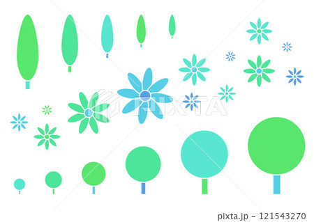 A set of abstract trees and flowers. Geometric nature icons. Simple minimalist shapes collection, calm green and blue colors A set of abstract trees and flowers. Geometric nature icons. Simple minimalist shapes collection, calm green and blue colors 121543270