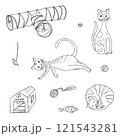 Cat's equipment set. Doodle collection. Cats in different positions, toys, scratching ball, teaser stick, cat house, play tunnel, mouse, fish. 121543281