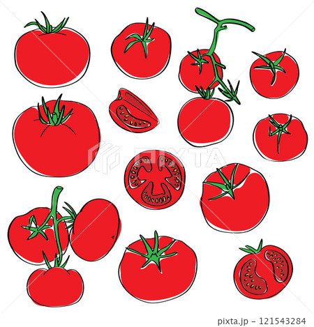 Set of tomato icons. Hand-drawn doodle contours, flat cartoon color, isolated on a white background. Black, red, green. Set of tomato icons. Hand-drawn doodle contours, flat cartoon color, isolated on a white background. Black, red, green. 121543284
