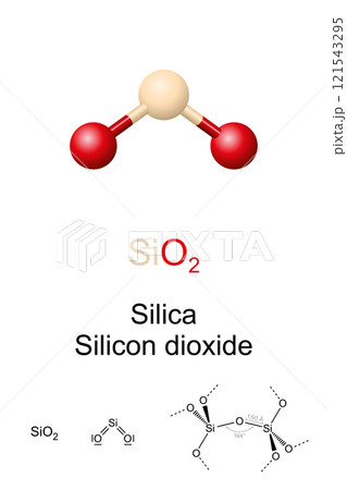 Silicon dioxide, silica, SiO2, molecule model, chemical structure and formula. Commonly found in nature as quartz, a major constituent of sand, and a common fundamental constituent of glass. Vector. Silicon dioxide, silica, SiO2, molecule model, chemical structure and formula. Commonly found in nature as quartz, a major constituent of sand, and a common fundamental constituent of glass. Vector. 121543295