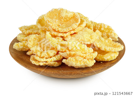Cornflakes in wooden bowl isolated on white background. Cornflakes in wooden bowl isolated on white background. 121543667