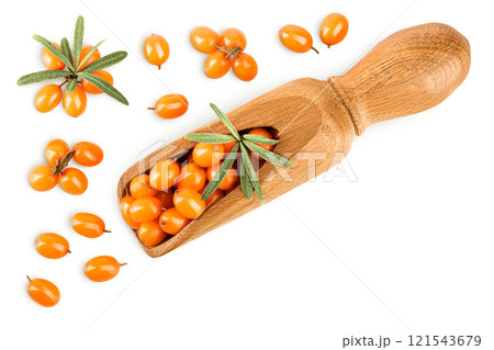Sea buckthorn in wooden scoop. Fresh ripe berry with leaves isolated on white background. Top view with copy space for your text. Flat lay Sea buckthorn in wooden scoop. Fresh ripe berry with leaves isolated on white background. Top view with copy space for your text. Flat lay 121543679