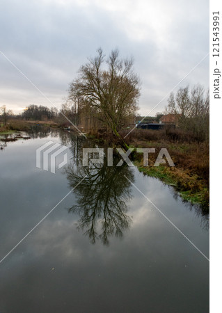 A tree gives a beautiful reflection in a river. A dark sky with clouds in the background 121543991