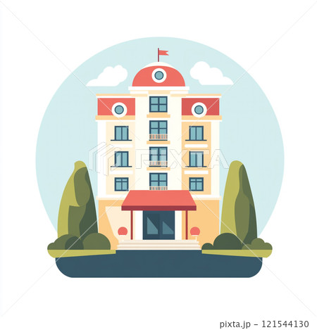 Flat icon of vintage a hotel facade on white clean background. Flat icon of vintage a hotel facade on white clean background. 121544130