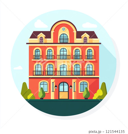 Flat icon of vintage a hotel facade on white clean background. Flat icon of vintage a hotel facade on white clean background. 121544135