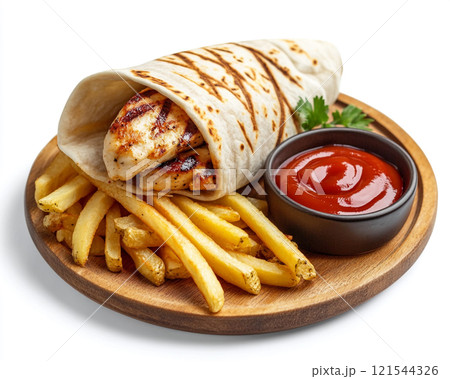 Delicious chicken wrap with fries and sauce on a wooden plate. 121544326