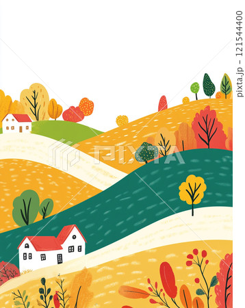 A colorful drawing of a hillside with houses and trees. The houses are painted in different colors and are spread out across the hill.  121544400