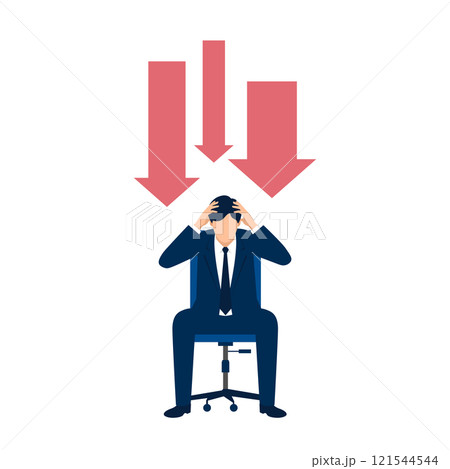 下がる矢印と頭を抱えるビジネスマンのイラスト、ベクター 121544544