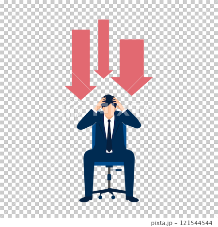 向下箭頭和商人抱著頭的插圖，向量圖 121544544