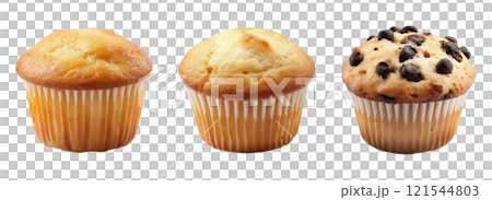 Set of isolated mockup of two plain vanilla muffins and a chocolate chip muffin on a transparent background. Side view. 121544803