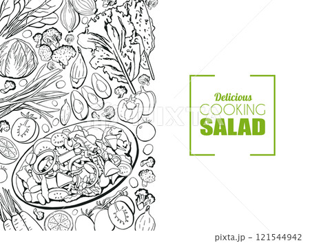 Vegetable Salad Cooking Background for Text. Line Food Vector Banner 121544942