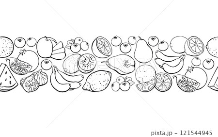 Fruit Border Seamless Pattern, Healthy Food Menu Template. Vector Doodle Illustration 121544945
