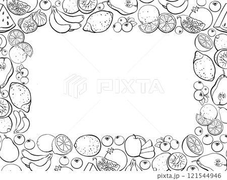 Hand Drawn Fruit Frame for Text Place, Healthy Food Menu Vector Template, Line Illustration 121544946