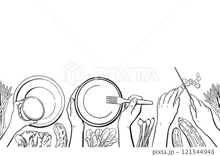 Cooking Classes Vector Template with Human Hands Cook Food, Top View Banner 121544948