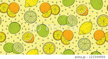 Citrus Seamless Pattern with Lemons, Oranges, Limes on Yellow Background Citrus Seamless Pattern with Lemons, Oranges, Limes on Yellow Background 121544950