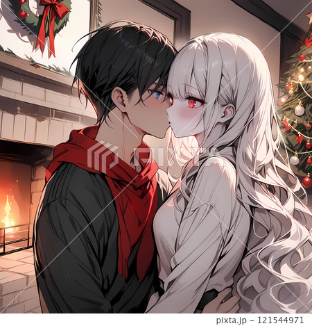 クリスマスをひっそりと過ごすカップル。アルビノの少女と碧眼の青年の聖夜。日本の漫画風のAIイラスト 121544971