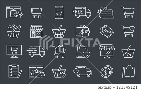 Commerce icons. Shopping symbols. Supermarket cart and basket. Online store sign. Sale price. Express delivery. Payment money. Shop discount. Customer feedback. Vector line pictograms set Commerce icons. Shopping symbols. Supermarket cart and basket. Online store sign. Sale price. Express delivery. Payment money. Shop discount. Customer feedback. Vector line pictograms set 121545121