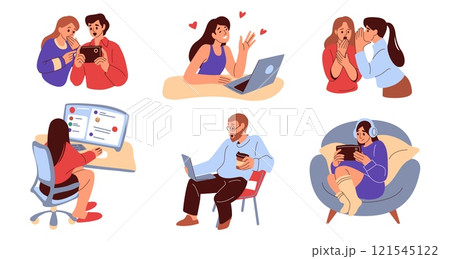 People communicate. Social business icon design, internet chat or blog community. Online mobile app concept. Men and women with smartphone, laptop and computer. Vector cartoon illustration People communicate. Social business icon design, internet chat or blog community. Online mobile app concept. Men and women with smartphone, laptop and computer. Vector cartoon illustration 121545122