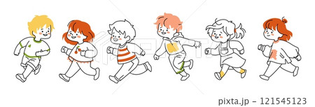 Child run. Children play at kindergarten, happy cute japanese boys and girls, childcare and exercise, fun smile group, sketch style drawing, jogging person. Vector cartoon flat illustration Child run. Children play at kindergarten, happy cute japanese boys and girls, childcare and exercise, fun smile group, sketch style drawing, jogging person. Vector cartoon flat illustration 121545123