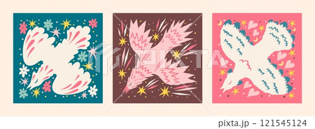 Bird of peace. Dove Boho collage. Naive drawing. Birdie flight. Folklore motif. Scandinavian doodle or folk world funky graphic. Norway sparrow. Slavic phoenix. Vector simple songbirds set Bird of peace. Dove Boho collage. Naive drawing. Birdie flight. Folklore motif. Scandinavian doodle or folk world funky graphic. Norway sparrow. Slavic phoenix. Vector simple songbirds set 121545124