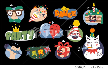 Music people. Carnival graphic sticker. Party background. Summer graffiti icon. Woman face. Holiday fiesta. Trendy birthday celebration. Karaoke club. Gift box. Vector design labels set 121545126