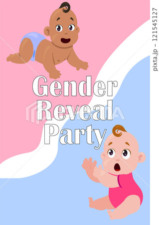 Baby shower posters. Gender reveal party. Newborn kids birthday invitation. Little children birth celebration announcement. Boy or girl infants. Anniversary event. Vector greeting card 121545127