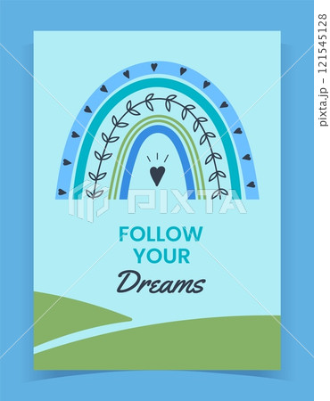 Cute boho rainbow. Inspirational poster with phrase and weather symbol. Childish Scandinavian style card design. Print or banner. Kids birthday invitation. Vector cartoon flat illustration Cute boho rainbow. Inspirational poster with phrase and weather symbol. Childish Scandinavian style card design. Print or banner. Kids birthday invitation. Vector cartoon flat illustration 121545128
