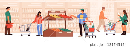 People in shop. Supermarket, grocery store man buy products in cart. Woman character with trolley. Customers buying food and drink. Family shopping. Vector cartoon flat isolated illustration People in shop. Supermarket, grocery store man buy products in cart. Woman character with trolley. Customers buying food and drink. Family shopping. Vector cartoon flat isolated illustration 121545134