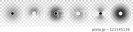 Circle wave. Frequency radar. Radio sound pulse. Concentric circular audio ripple. PNG signal effect. Graphic pattern. Geometric symbols. Radial transparent. vibration. Vector icons set 121545139