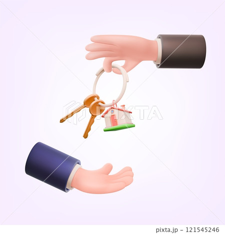 3D key. Home rent. Hand giving house latchkey to new owner. Real estate. Loan or mortgage apartment. Property keychain holding. Rental building. Townhouse buying. Sale deal. Vector concept 121545246