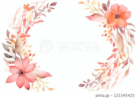 A watercolor floral frame featuring two symmetrical wreaths made of lively multicolored flowers and leaves, forming a mirror image against a pristine white backdrop. Created with generative AI tools A watercolor floral frame featuring two symmetrical wreaths made of lively multicolored flowers and leaves, forming a mirror image against a pristine white backdrop. Created with generative AI tools 121545425