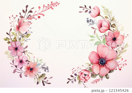 Vibrant watercolor flowers and leaves come together to create a symmetrical floral frame with two mirrored wreaths on a clean white background. Created with generative AI tools Vibrant watercolor flowers and leaves come together to create a symmetrical floral frame with two mirrored wreaths on a clean white background. Created with generative AI tools 121545426