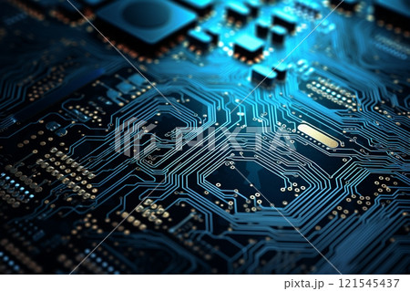 An intricate photograph of a printed circuit board, highlighting various components and a central processor. Created with generative AI tools 121545437