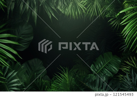 Jungle palm leaves in their vibrant green glory create a frame against a natural background. Created with generative AI tools 121545493