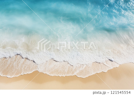 An abstract sandy beach is bathed in the transparent hues of light blue waves, complemented by the sun's warm rays a picturesque summer vacation background concept. Created with generative AI tools 121545554