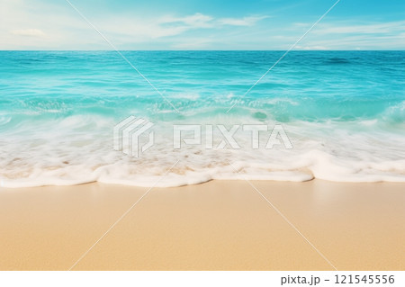 A abstract representation of a sunlit beach with turquoise waters a background concept for a dreamy seaside resort, offering room for text or product presentation. Created with generative AI tools 121545556