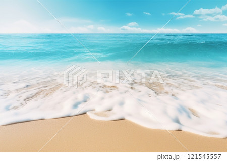A abstract representation of a sunlit beach with turquoise waters a background concept for a dreamy seaside resort, offering room for text or product presentation. Created with generative AI tools 121545557