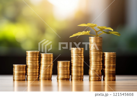 The concept of growth and investment beautifully illustrated as a small plant grows from a stack of coins. Created with generative AI tools 121545608