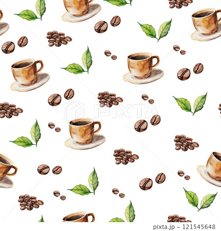 draw seamless pattern watercolor with cup of coffee with beans 121545648