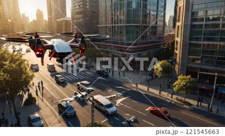 【16:9版】ドローン画像 街中で渋滞を調べるドローン 4本アーム 【16:9版】ドローン画像 街中で渋滞を調べるドローン 4本アーム 121545663