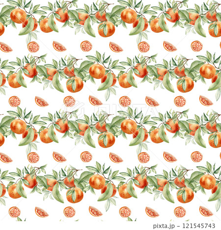 Grapefruits on branches of fruit tree seamless background isolated. Horizontal Botanical Pattern by watercolor citrus plants. Hand drawn oranges and leaves on repeated texture for design textile. 121545743