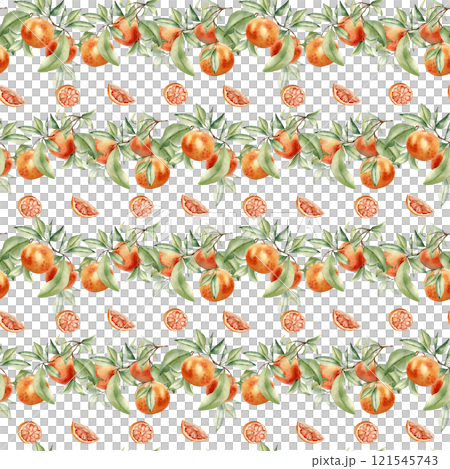 Grapefruits on branches of fruit tree seamless background isolated. Horizontal Botanical Pattern by watercolor citrus plants. Hand drawn oranges and leaves on repeated texture for design textile. 121545743